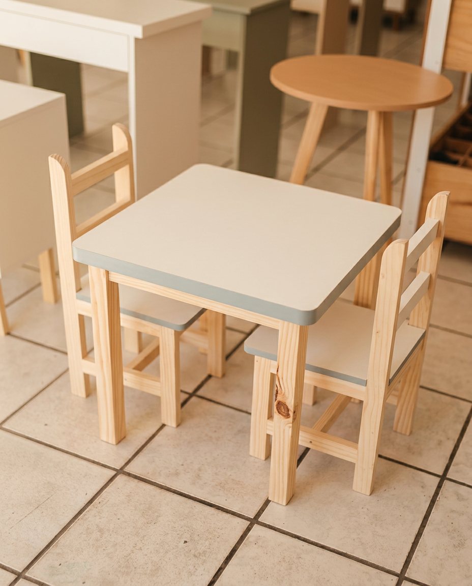 Conjunto de mesa branca com borda azul e duas cadeiras de madeira