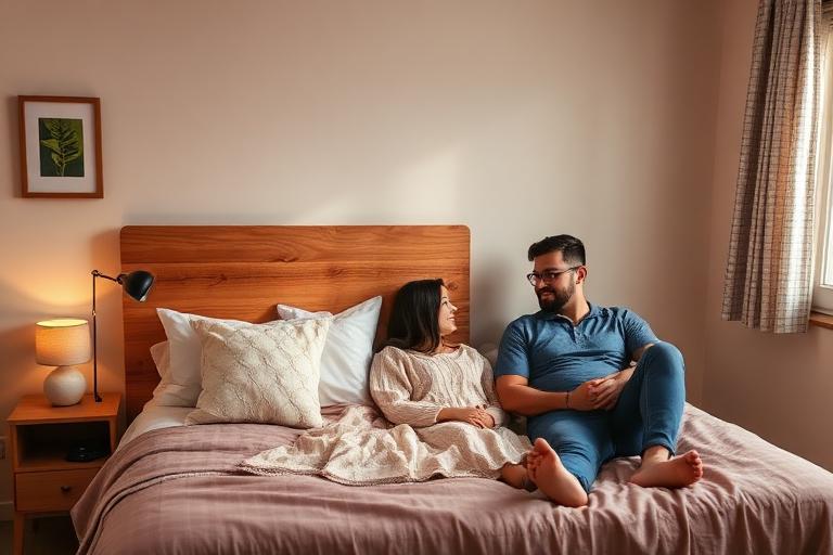 Quarto de casal simples com cabeceira de madeira e criado-mudo